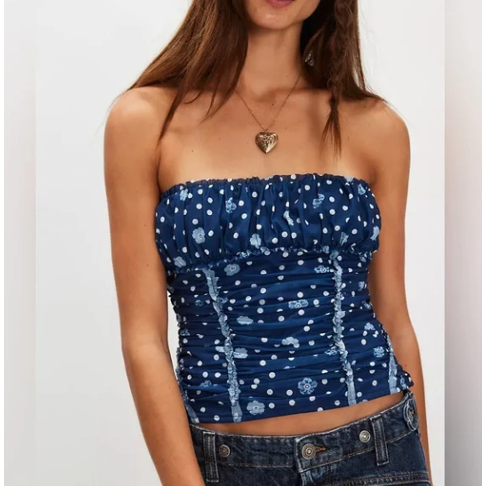 Free People Scottie Floral Mesh Ruffle Tube Top Sz L Pageant Blue Combo Smocked